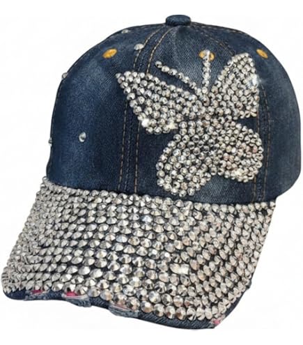 Women Girls Denim Baseball Cap Rhinestone Bling Distressed Sun Hat Gift Popfizzy Rhinestone Triple Star Hat for Women, Bedazzled  main image 3