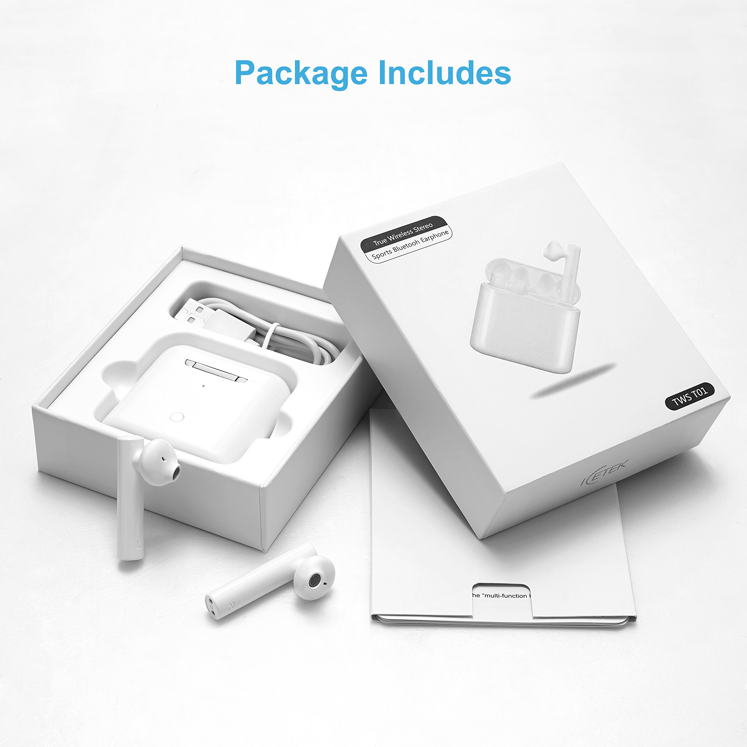 True Wireless Earbuds ICEtek Bluetooth In-Ear Headphones with Built-In Mic & Charging Case for iPhone iPad Android Phones Devices, White Stylish Sweat Proof for Sports (True Wireless Earbuds)