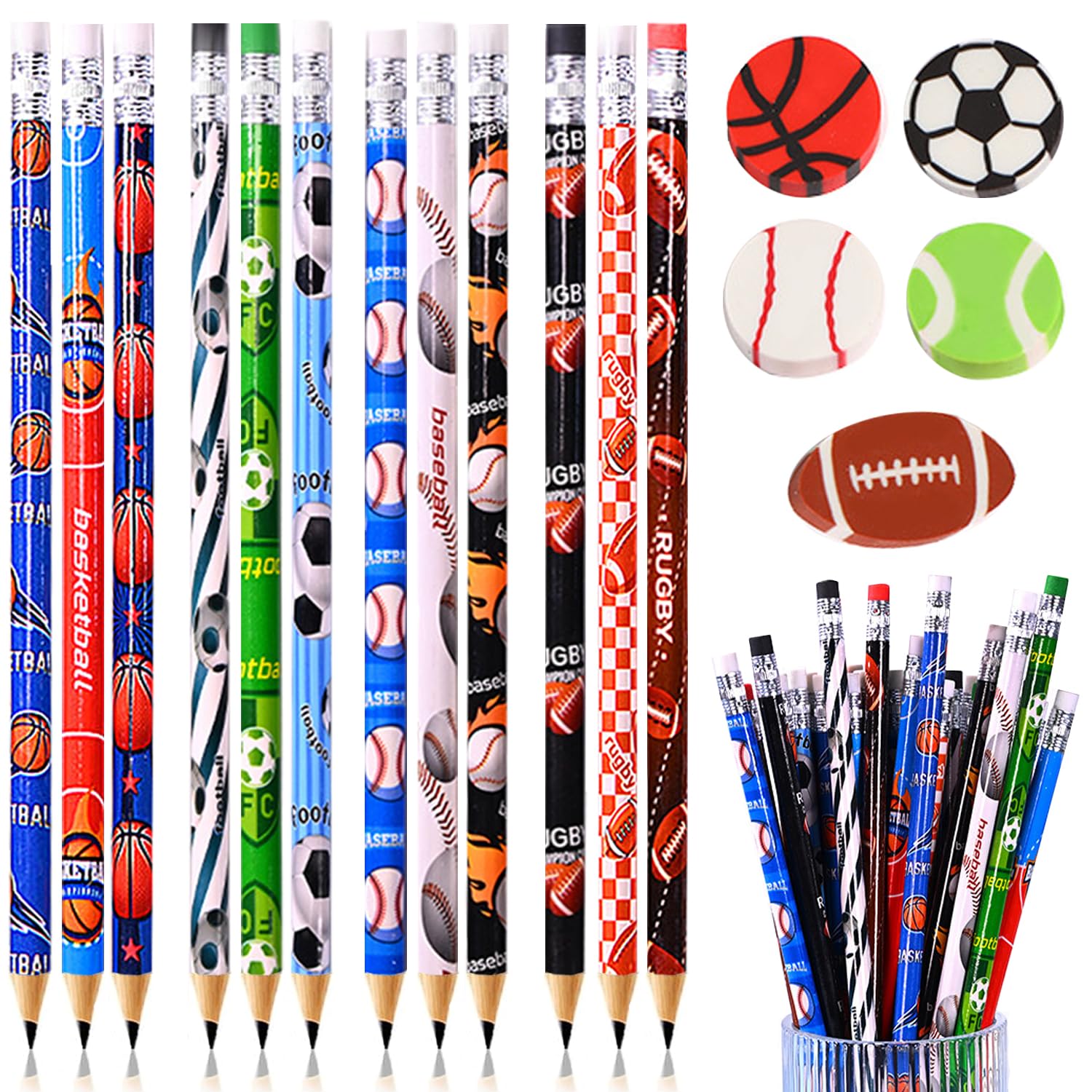 CNYMANY 63 pcs Sports Pencils with Sports Ball Erasers, 48 pcs Funny Cute Wooden Pencils HB Drawing Pencil with 15 pcs Erasers for Sport Party School Stationery Student Reward Teacher Office Supplies