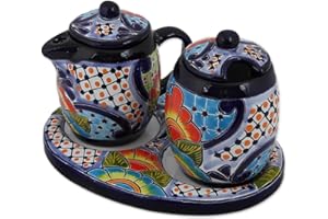 NOVICA Artisan Handmade Ceramic Creamer Sugar Bowl Set from Mexico Tableware Serveware Multicolor Coffee Tea Service Painted Floral Talavera Hacienda 'Raining Flowers (5 piece)
