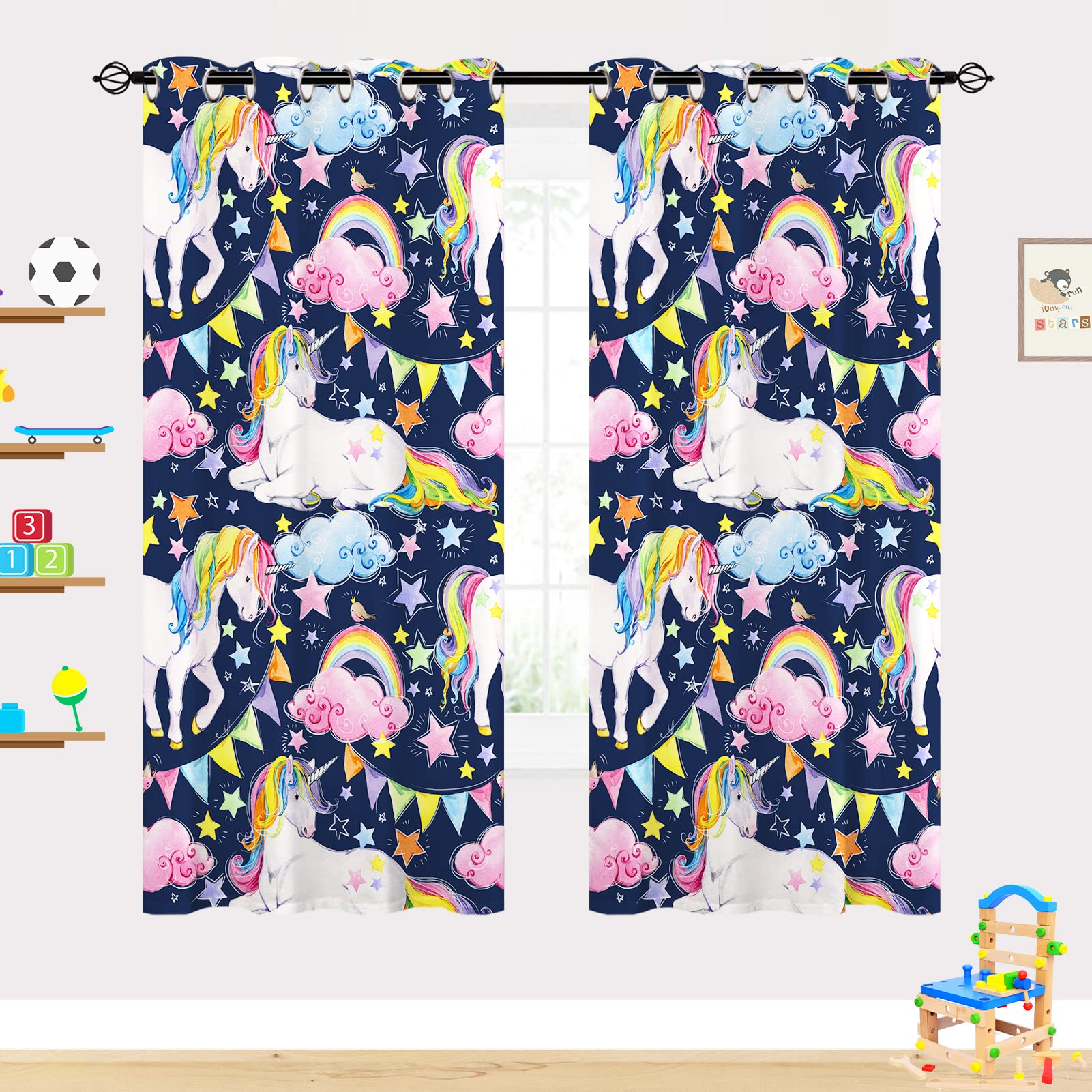 YUANZU Rainbow Unicorn Curtains - Kids Girls Colorful Watercolor Pink Blue Clouds Stars Birds Animal Art Print Pattern Eyelet Blackout Thermal Window Drapes for Baby Bedroom 2 Panels W75cm x D166cm — image 1