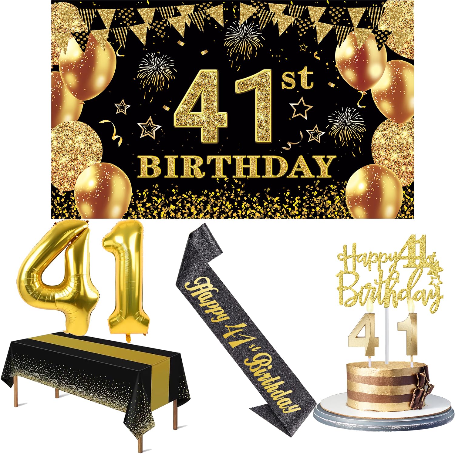 Photo 1 of 41st Birthday Decorations Men Women with 41st Birthday Banner, Black and Gold Table Cloth, Number Balloons, Large Sash, Cake Topper and Candles
