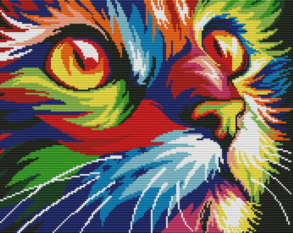 Awesocrafts Cross Stitch Kits, Colorful Cat Kitten Animals Cute Easy Patterns Cross Stitching Embroidery Kit Supplies, Stamped Options for Adults Beginners Kids (Colorful Cat, Stamped)