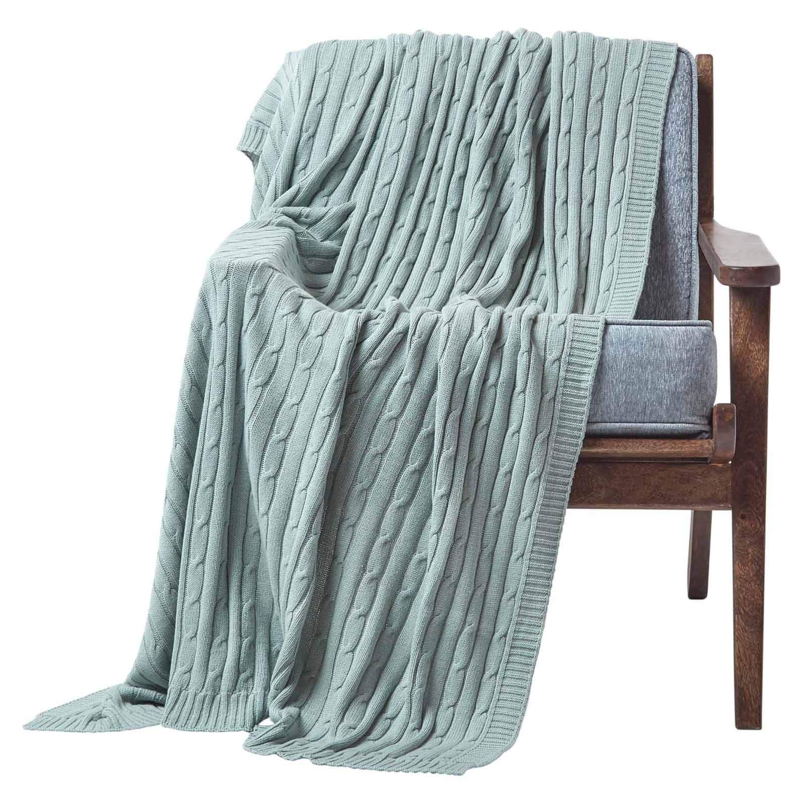 HOMESCAPES Duck Egg Blue Cable Knit Throw 130 x 170 cm Combed Cotton Soft and Cosy Blanket Bed and Sofa Throw For Armchairs and Single Beds โ image 1