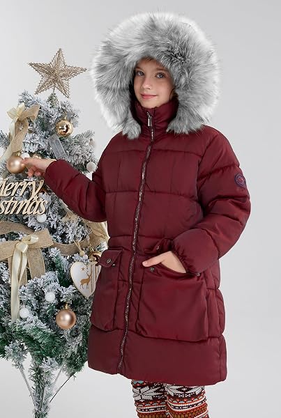 MAOO GARDEN GIRLS PUFFER WINTER COAT FAUX-DOWN HEAVYWEIGHT SNOW PARKA FUZZY FUR LINING HOOD WATER-RESISTANT LONG JACKET WINE 10Y