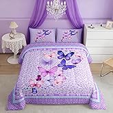 Castle Fairy Butterfly Full Size Comforter Set Purple Flowers Bedding Set for Kids Adults Teens Plants and Leaves Comforter Luxury Butterflies Quilt Set Room Decor 3Pcs