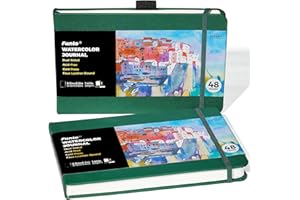 Funto Watercolor Journal, 8.5x5.5, 2 Pack, 48 Pages Each, Green Leather Cover, Cold-Pressed, Inner Paper Pocket, Art Supplies for Mixed Media