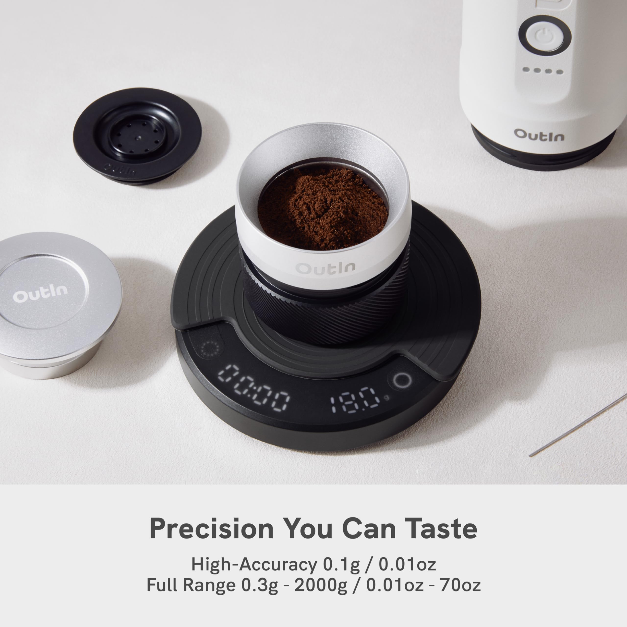 OutIn Claro Tragbare Kaffeewaage mit Timer - Digitale Espresso Waage 2kg/0,1g, Mini Kaffeewaage Inklusive Schutztasche,Wiederaufladbare Küchenwaage für Pour Over & Kaffeezubereitung 3