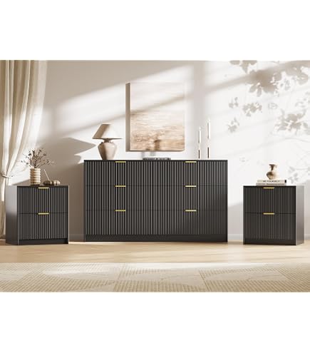 black and gold dresser and nightstand set 3 Piece Modern Bedroom Set, 5 Drawer with 2 Nightstands, Jul8 Color:Blue/Wht Floral Celestial Grace Dress for in LED and gold