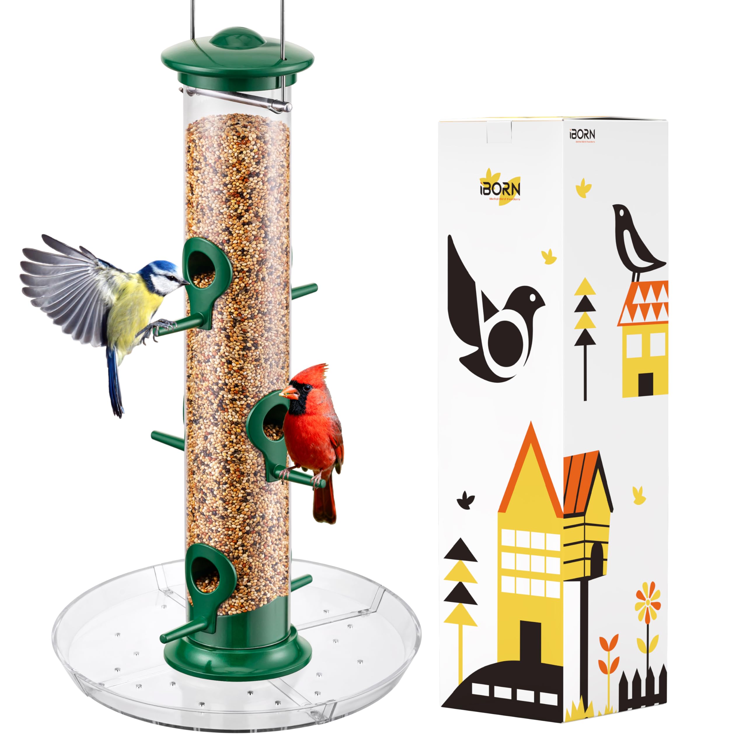 iBorn Bird Feeders Seed Catcher for Outside Hanging 6 Port Bird Feeder for Cardinal Birds Aluminium Metal,Green Finishing 14 Inch 6 Port (Seed is not Included)