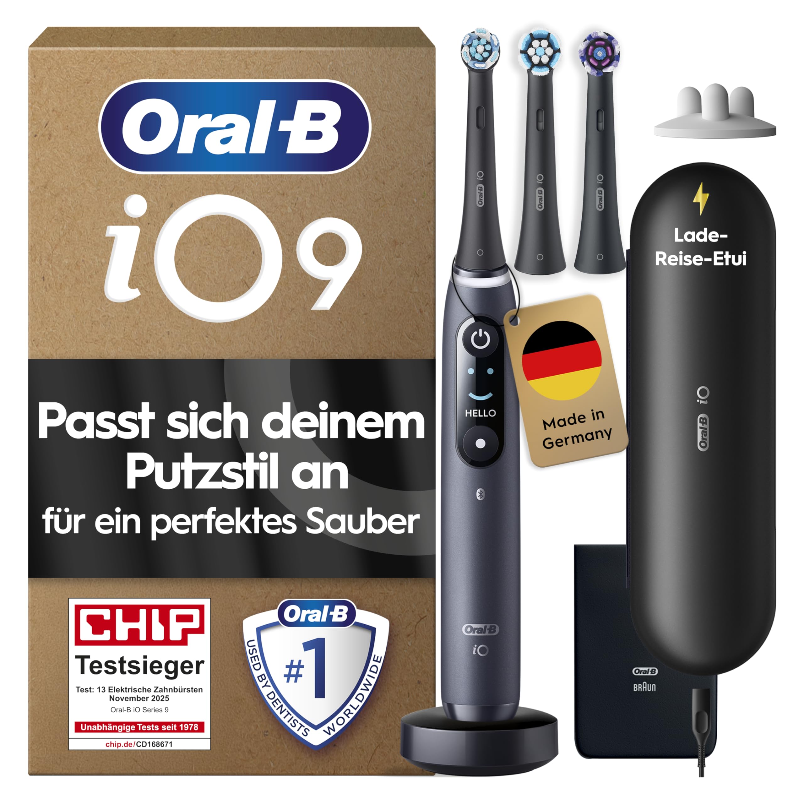 Oral-B iO Series 9 Elektrische Zahnbürste — Electric Toothbrush, Inkl. 3 Aufsteckbürsten — 7 Modi für Zahnpflege, CHIP Testsieger (11/25), Designed by Braun, Schwarz