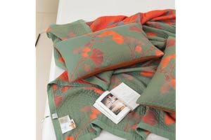 Purefair 100% Cotton Muslin Pillow Shams Set of 2 Jacquard Green Orange Floral Ginkgo Leaves Pillow Covers, Soft 3 Layers Gauzy Reversible Pillow Protectors, 20"x30"