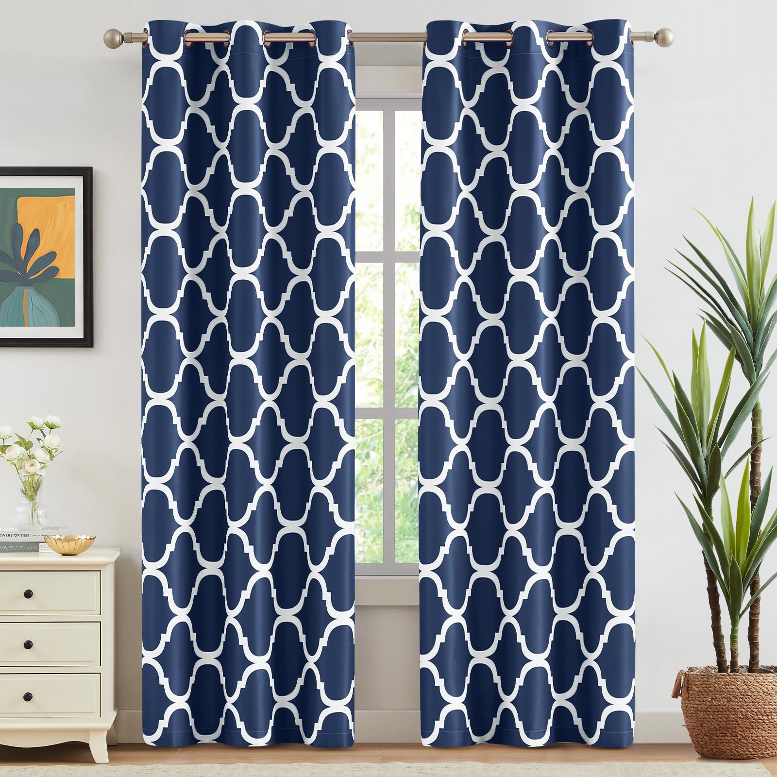 Melodieux Navy Blue Moroccan Blackout Curtains 84 Inches Long for Living Room Bedroom, Room Darkening Grommet Drapes, 42" W x 84" L, 2 Panels