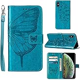 Moment Dextrad for iPhone X/X Case Wallet, Butterfly Floral Embossed, Wrist Strap, Card Holder Slots, Stand Leather Protective Flip Cover for iPhone X/XS/10 (Blue)