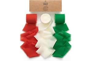 Vitalizart Christmas Ribbon Handmade Chiffon Silk Ribbon Fringe 1.5" x 21 Yd Frayed Edges Ribbons for Wedding Invitations Bri