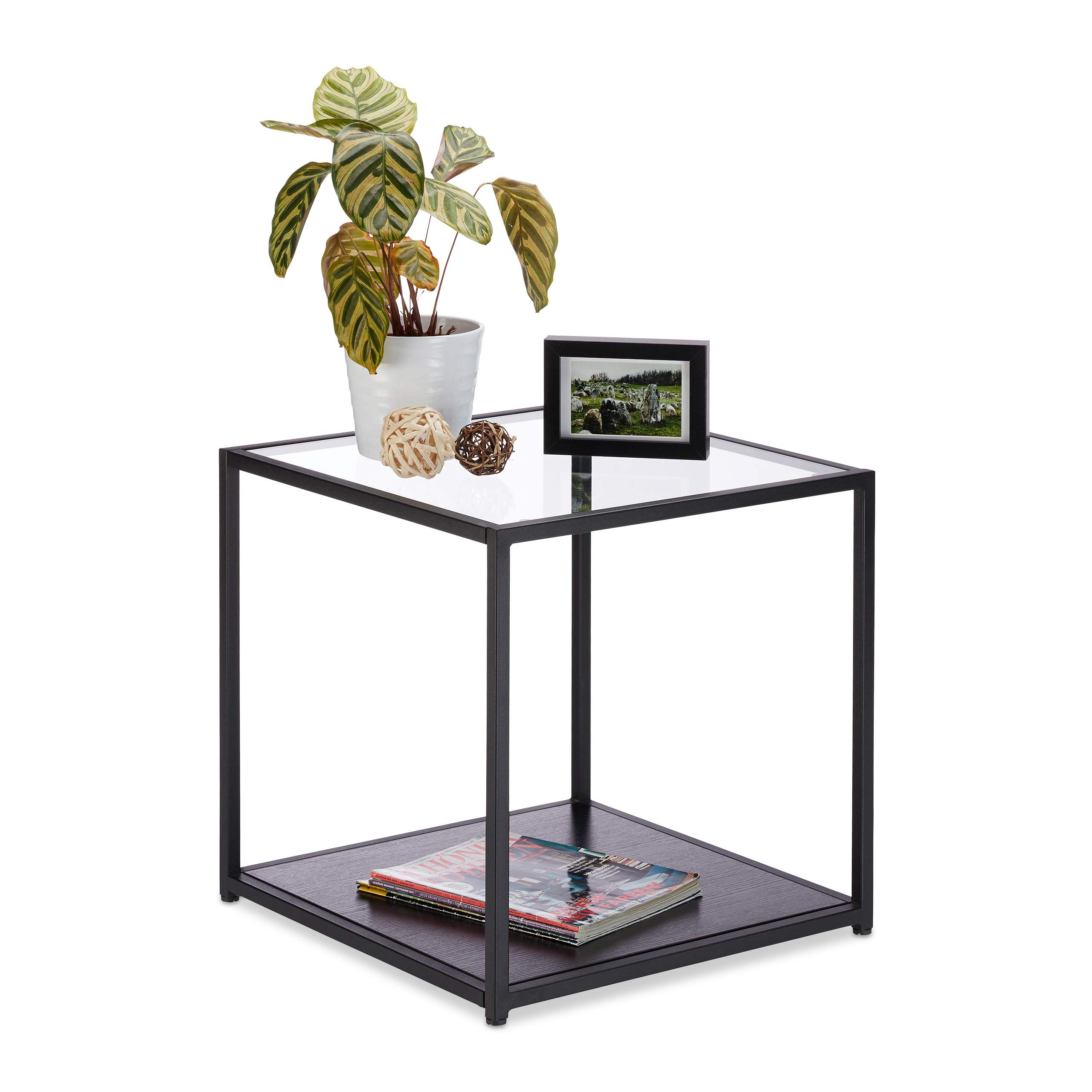 Relaxdays Glass Side Table + Wooden Tray, Metal Frame, Robust, Square, Flat Coffee Table HWD 50x50x50 cm, Black