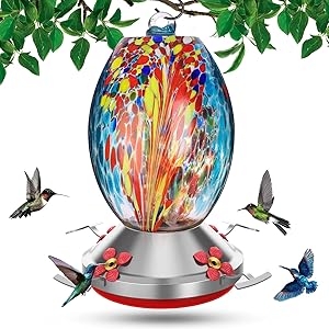 Balhvit Hummingbird Feeders for Outdoors, 32 Ounces Leak-Proof & Rust-Proof Hand Blown Glass Hummingbird Feeder, Easy to Clean & Fill Wild Bird Feeder with Hanging Hook, Ant Moat, Brush, Hemp Rope