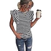 SOLY HUX Women's Striped T Shirt Ruffle Cap Sleeve Round Neck Summer Tee Tops