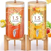 FillTouch 2 Pack 1.5 Gallon Glass Drink Dispensers for Parties, Beverage Dispensers with Stand, Spigot and Bamboo Lid Leakproof for Juice, Tea, Water, Lemonade and Party Drinks