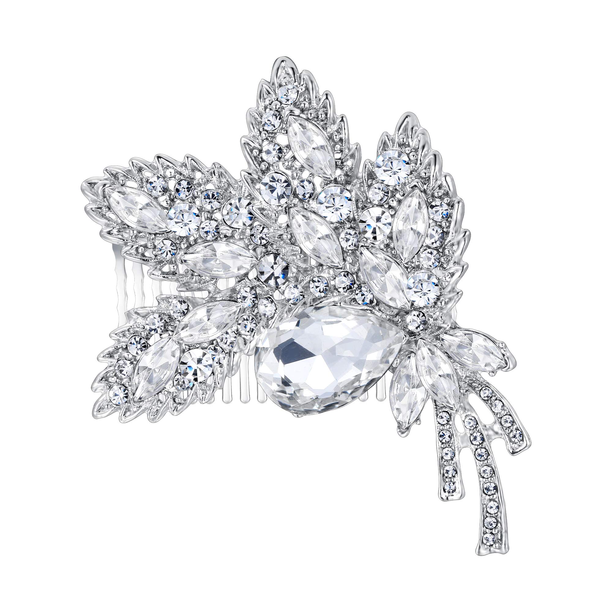 EVER FAITH Women's Austrian Crystal Wedding Bridal Leaf Flower Bud Hair Comb Clear Silver-Tone