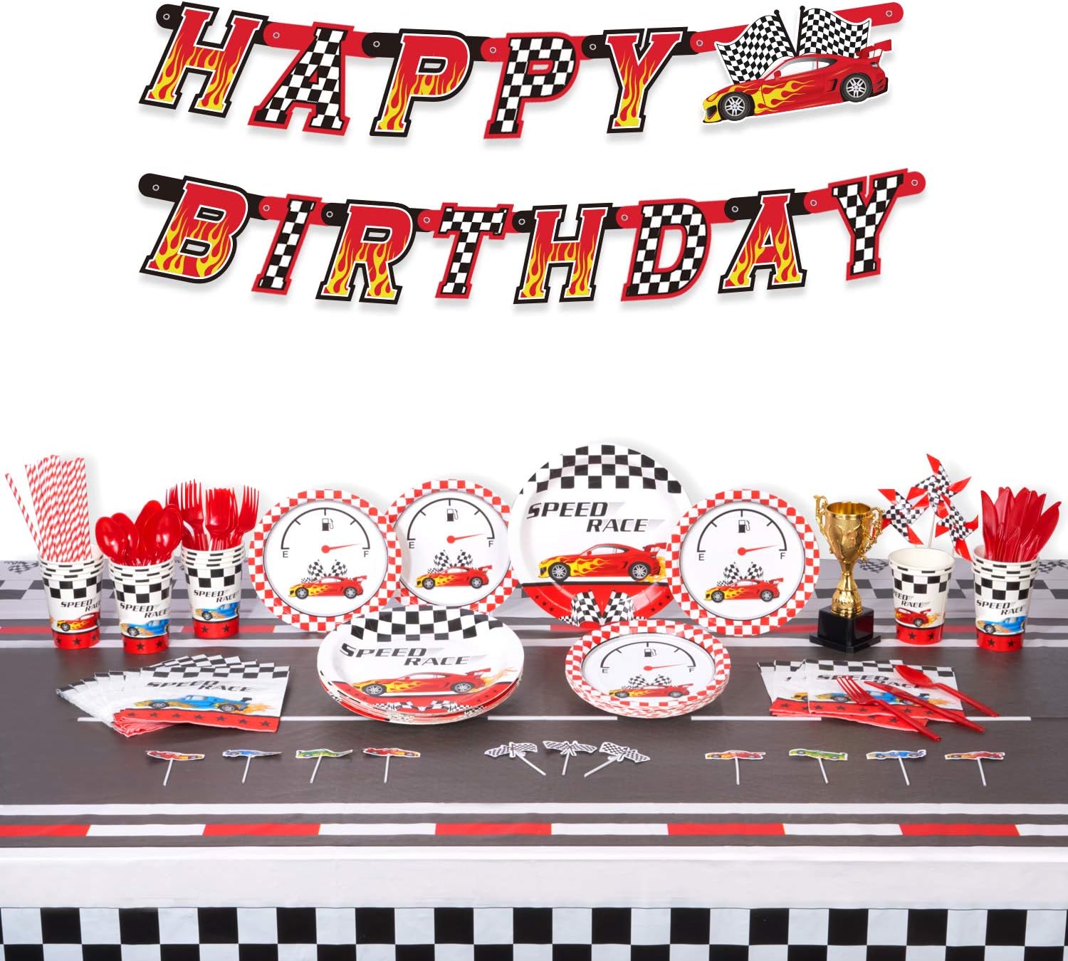 Decorlife Race Car Birthday Party Supplies for 16, Car Birthday Decorations for Boys, Paper Plates, Napkins, Cups, Racing Trophy, Pinwheels, 54