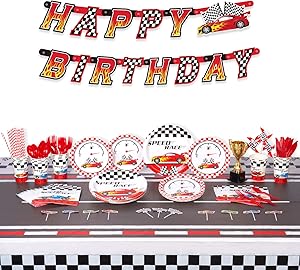 Decorlife Race Car Birthday Party Supplies for 16, Car Birthday Decorations for Boys, Paper Plates, Napkins, Cups, Racing Trophy, Pinwheels, 54