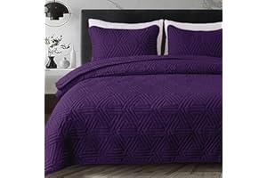 Whale Flotilla Soft King Size Quilt Set for All Seasons, 3-Piece Ultrasonic Geometric Quilts Bedding Set, Lightweight Reversible Bedspread, Coverlet, Bed Cover with 2 Pillow Shams, Purple