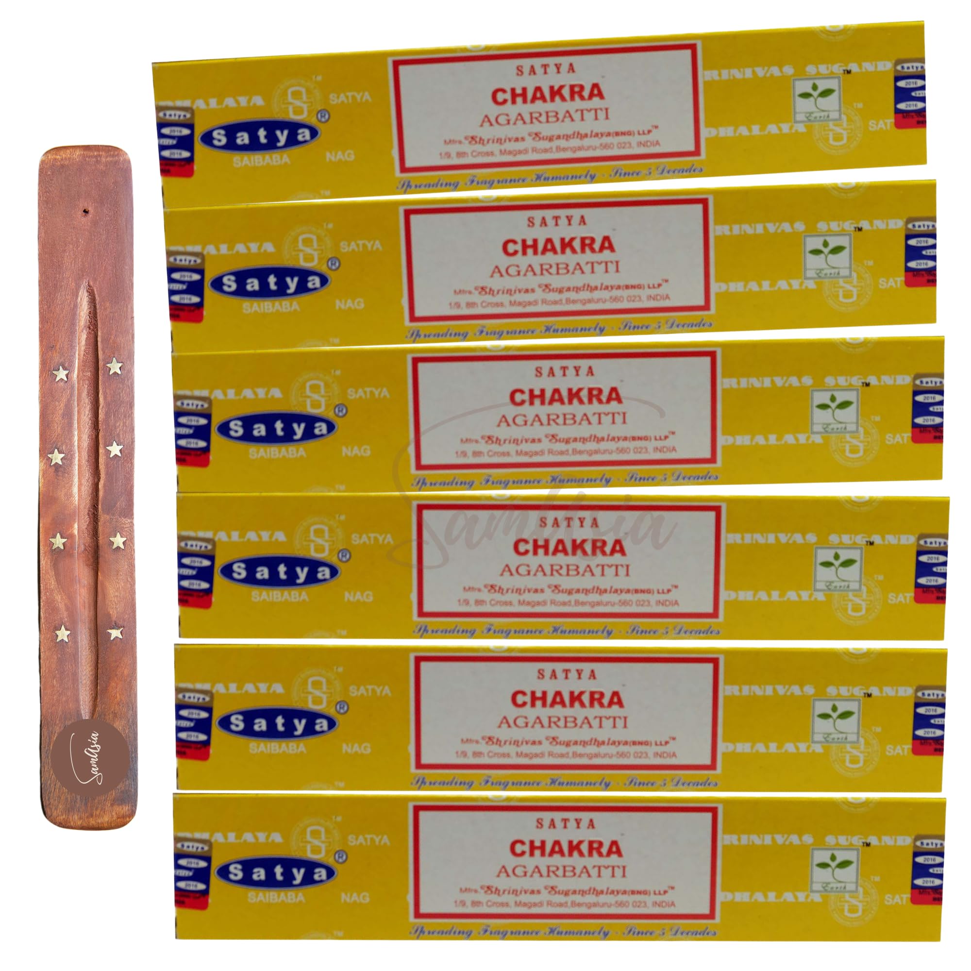 Satya Nag Champa Chakra Incense Sticks | x6 pack | with SAMASIA incense sticks holder | Used for Aromatherapy, Spa, Yoga, Weddings, Meditation, Healing, Positivity and Relaxation