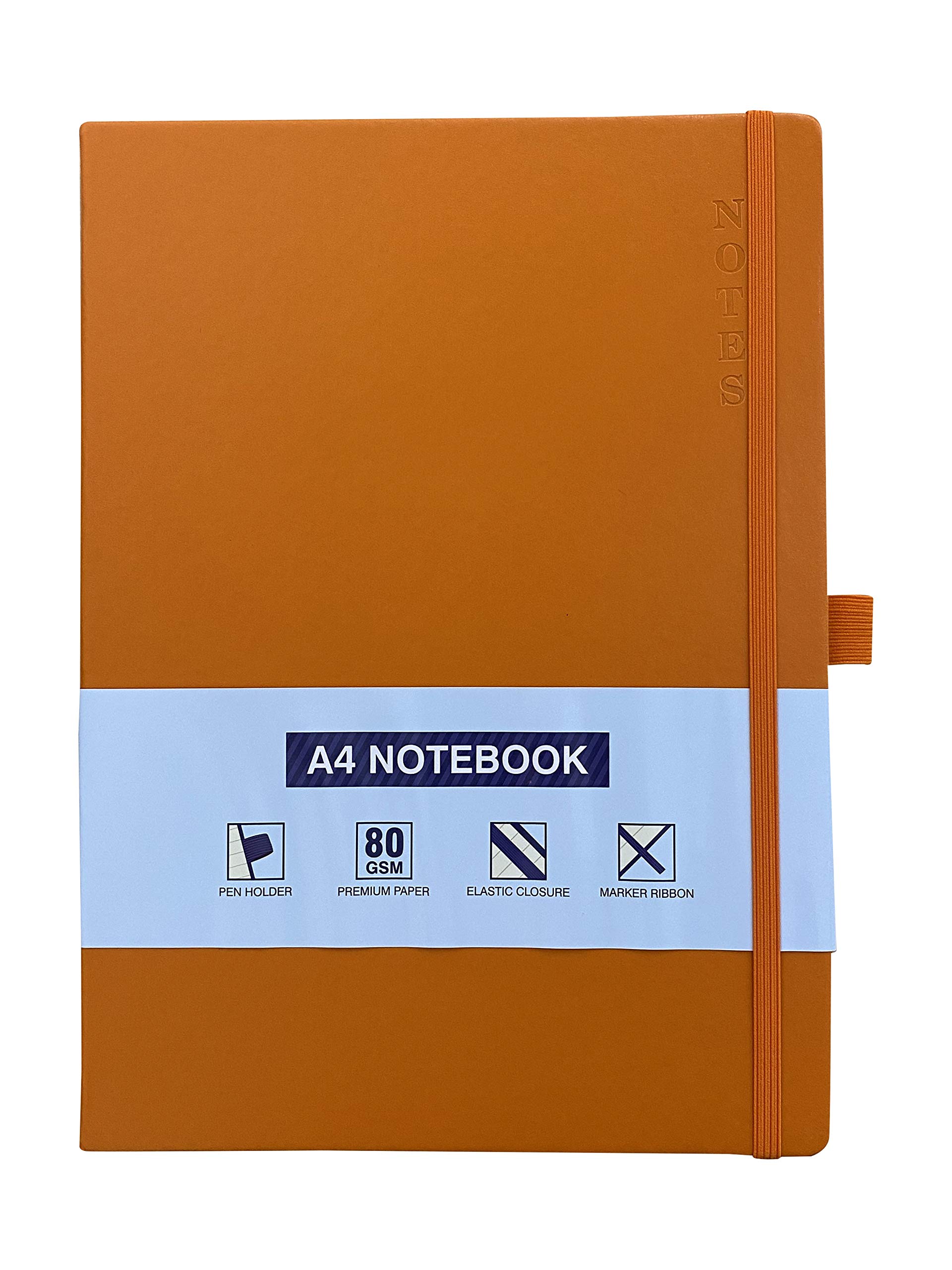 A4 Notebook Hardback Ruled Notepad Notes Lined Journal Diary with Pen Holder Premium Quality Casebound Book (Orange)
