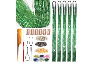 CelineBella Hair Tinsel Green,Fairy Hair Kit,Sparkling Shiny Highlights Glitter Tinsel Hair Extensions for Women Girls Children(48 Inch Pack of 5Pcs, Grass Green)