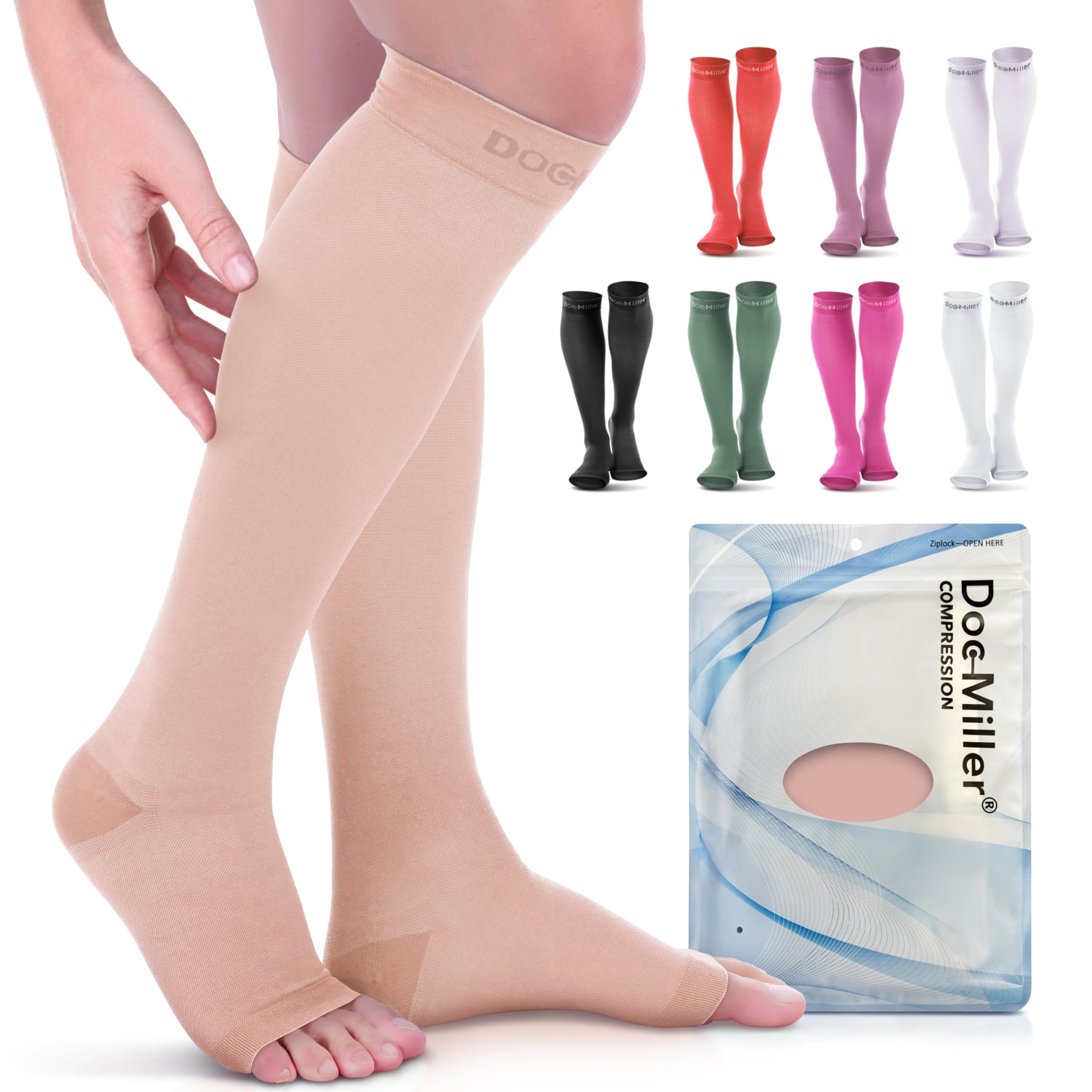Photo 1 of 1 pair    Doc Miller Open Toe Compression Socks, 20-30 mmHg, Toeless Compression Sleeves for Legs, Knee High Stockings for Shin Splints, Varicose Veins, Travel, Calf Support & Muscle Recovery, Men & Women, Pair