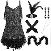 Floraltop 7 Pcs 1920s Flapper Accessories for Women Feather Boa V Neck Dress Earrings Headwear Gloves Necklace