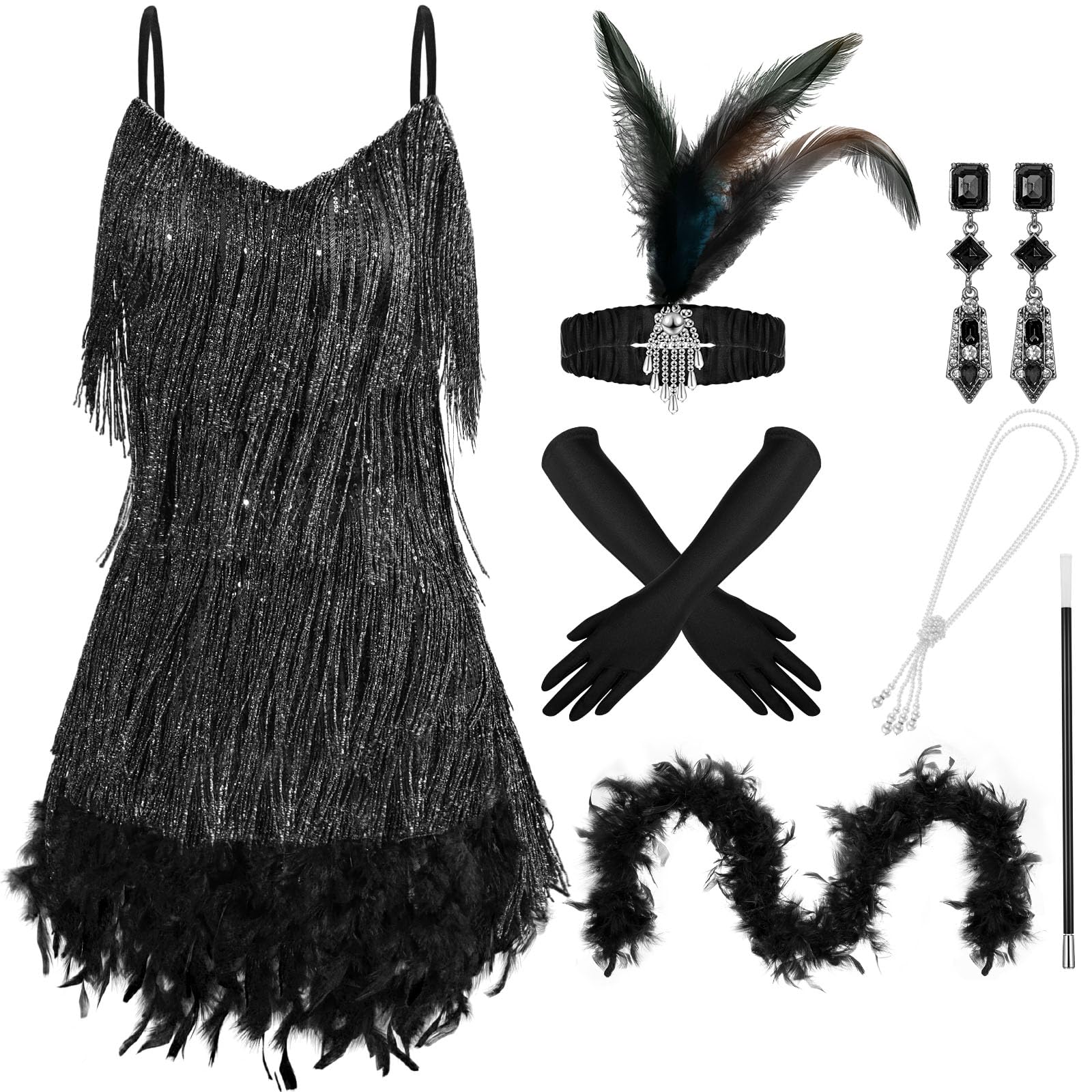 Photo 1 of ****ONLY DRESS AND NECKLACE****Floraltop 7 Pcs 1920s Flapper Accessories for Women Feather Boa V Neck Dress Earrings Headwear Gloves Necklace(L,Black)
