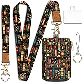 Piefly Plant Book Shelf Lanyard Wallet with ID Badge Holder, Floral Small RFID Wallet Women Keychain Wristlet, Slim Credit Card Holder with Zipper Pocket Phone Lanyard Wrist Strap Office Teacher Gift