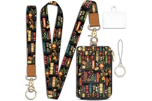 Piefly Plant Book Shelf Lanyard Wallet with ID Badge Holder, Floral Small RFID Wallet Women Keychain Wristlet, Slim Credit Card Holder with Zipper Pocket Phone Lanyard Wrist Strap Office Teacher Gift