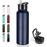 VEGOND 40 oz Insulated Stainless Steel Metal Water Bottle with Leak Proof Straw Lid & Spout Lid, Wide Mouth Double Walled Vacuum Travel Sports Bottle, Navy Blue