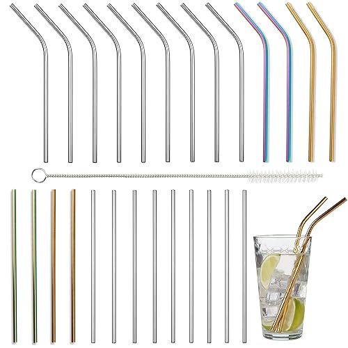 Oak & Steel - Multi-Colour Stainless Steel Reusable Drinking Straws Gift Set with Cleaning Brushes - Eco-Friendly, Reusable & Dishwasher Safe (26, 26 cm)