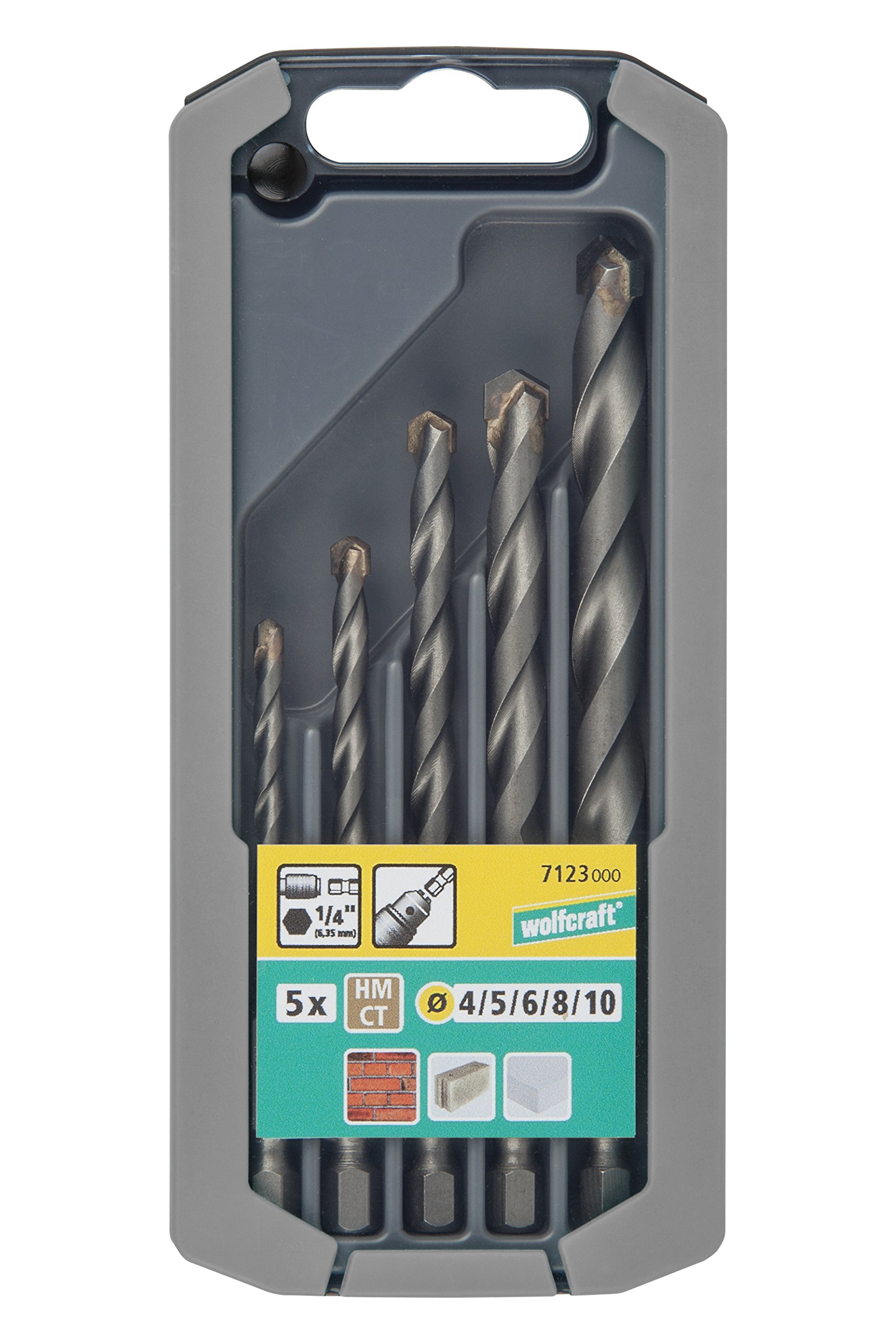 wolfcraft TC Rock Drill Bit Set 5 Pcs., Hexagon Shank I 7123000 I for Drilling into Brick Walls, Artificial Stone and Natural Stone