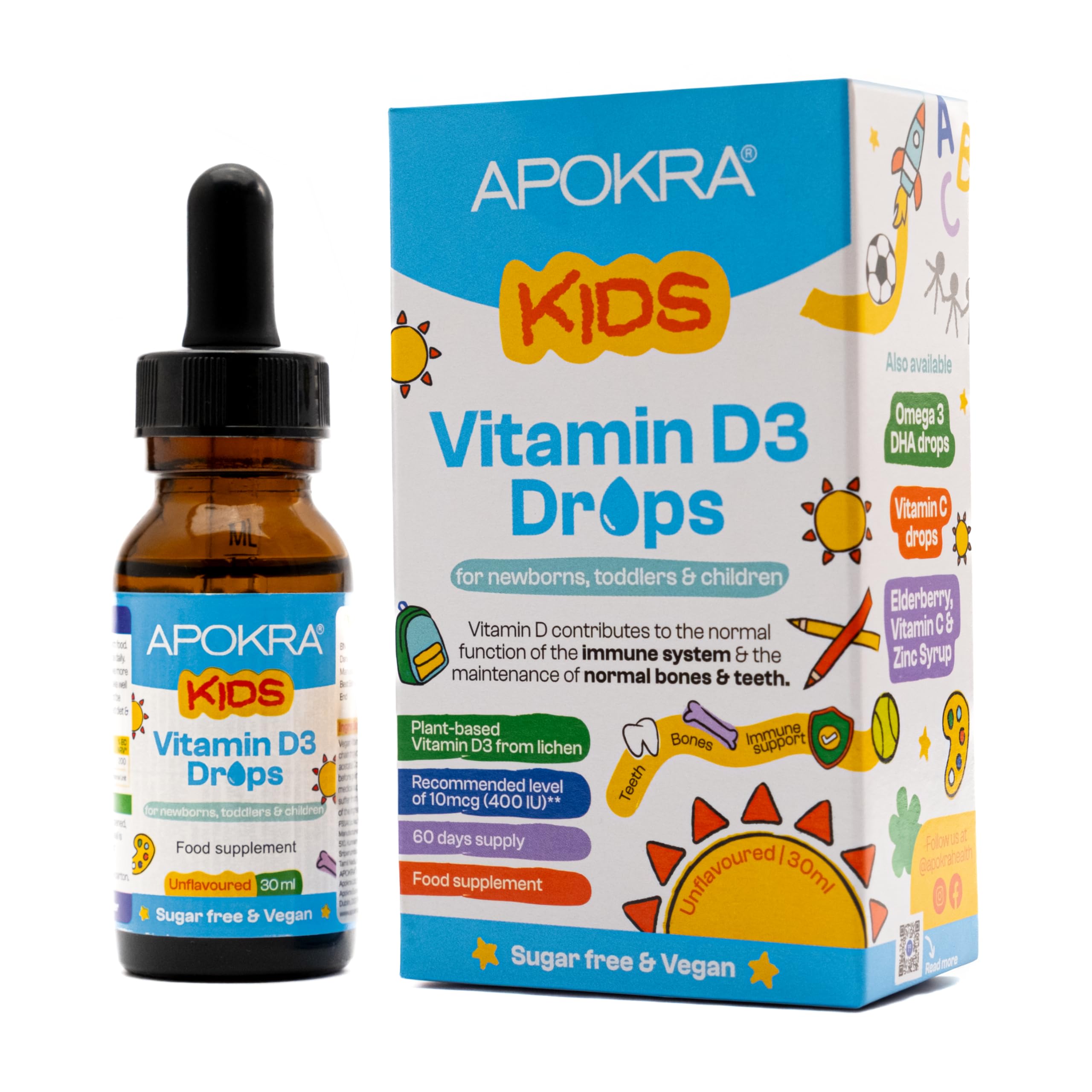 Vitamin D Drops Baby & Kids - Vegan - 60 Days Supply – 30mL – Preservative Free and Sugar Free Kids Vitamins - VIT D 400IU in MCT Oil - 10 micrograms per 0.5mL | APOKRA