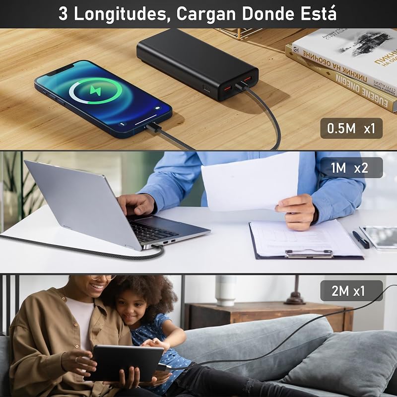 USB C para USB C Cabo de Carregamento Rápido - 4Pack [2M+1M+1M+0,5M] Cabo de carregamento rápido USB Tipo C de 60W Carregador de Telefone de Datos de Nylon Entrançado Compatível com iPhone 17 16 15 Galaxy S25 S24 iPad MacBook