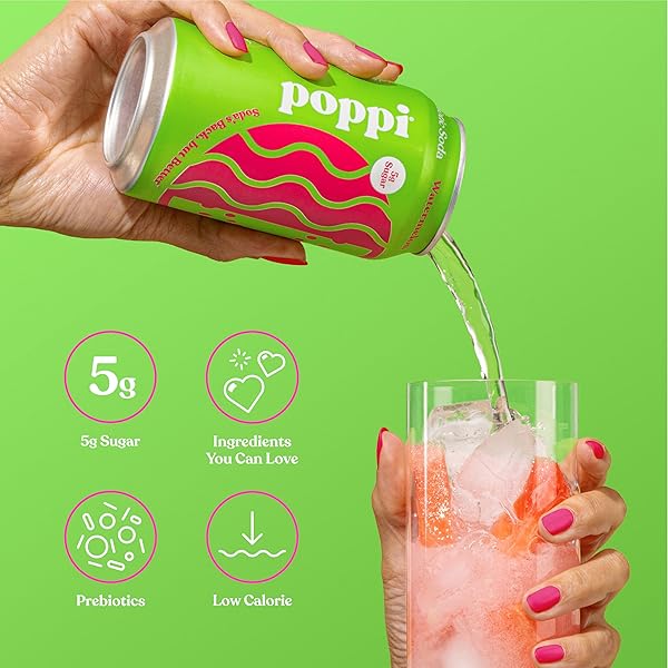 POPPI SPARKLING PREBIOTIC SODA BEVERAGE WITH APPLE CIDER VINEGAR, SELTZER WATER AND FRUIT JUICE, WATERMELON FLAVOR, 12 FL OZ, 1 COUNT, PACKAGING MAY VARY