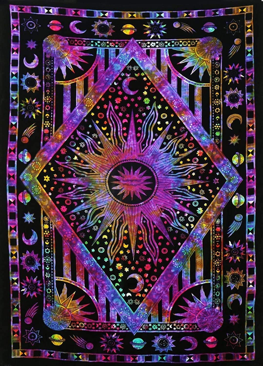 Tapestries - Popular Handicrafts Tapestry Wall Hanging Hippie Burning Sun and Moon Meditation Bohemian Hippy Psychedelic Design Indian Tapestries Bedspread 30 x 40 Inches (76 x 101 cms), Blue