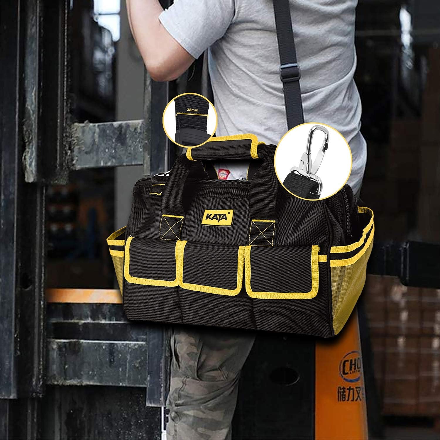 KATA 16 Inch Heavy Duty Tool Bag with Wide Mouth for Tool Storage, Carrier and Organizer, Bag for Tools, Yellow - - 