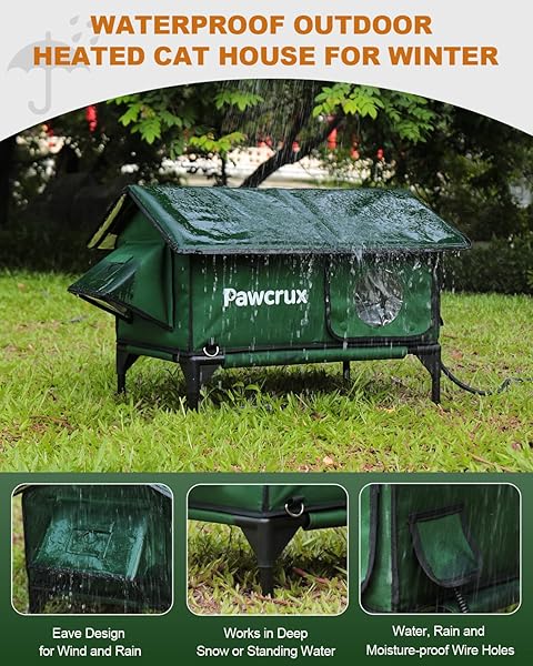 100% WATERPROOF HEATED CAT HOUSE FOR OUTDOOR CAT WITH SAFE ESCAPE DOOR, CAT BED WEATHERPROOF CAT SHELTER KITTY WITH CAT HEATING PAD, INSULATED WARM HOUSE FOR FERAL CAT(GREEN, 24″X16″X20.2″)