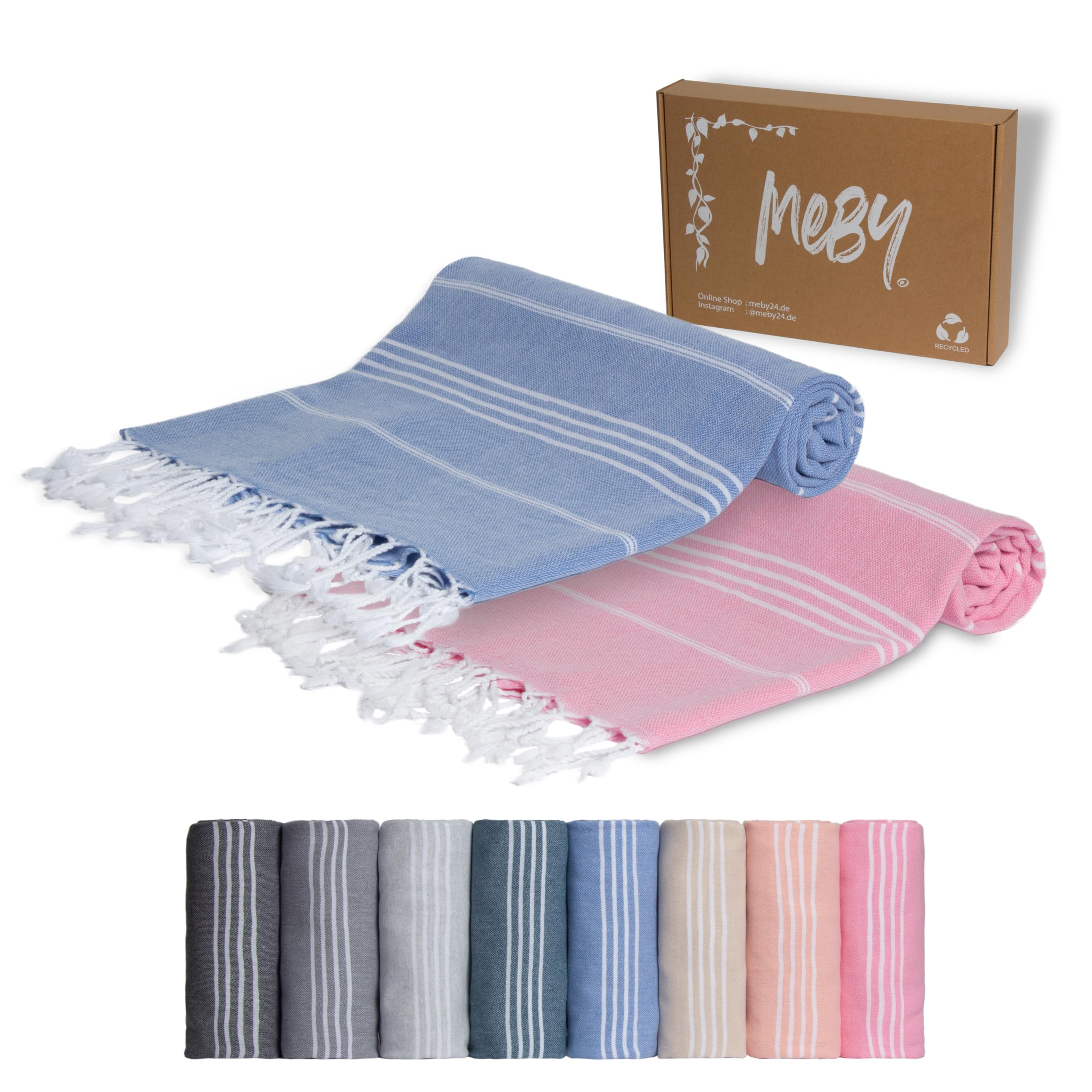 MEBY Set of 2 XXL Sauna Towels (100 x 200 cm) Beach Towel, Bath Towel, Turkish Hammam Towel, Hand Towel. 100% Cotton (Pink & Blue)