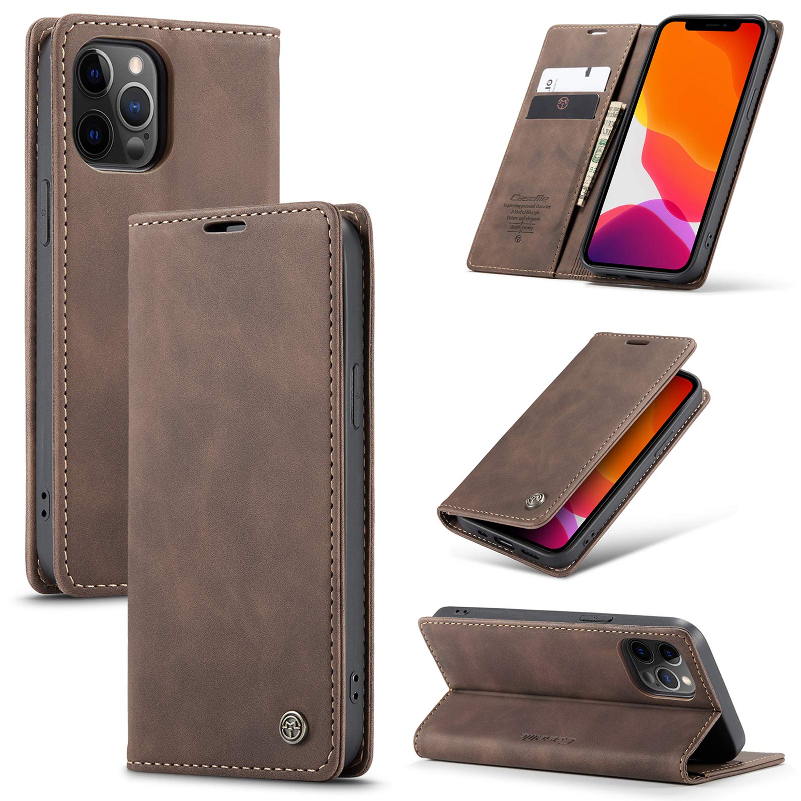 UFinetech Case for iPhone 12 Pro, Shockproof Anti-scratch Cover with iPhone 12 Pro (6.1”), Leather TPU Slim Soft Flip Folio Magnetic Closure Kickstand Card Holder Wallet 2-in-1 Camera Protector,Coffee