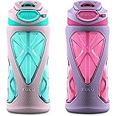 ZULU Torque 2 Pack 16oz Plastic Kids Water Bottle with Silicone Sleeve and Leak-Proof Locking Flip Lid, Soft Touch Carry Loop for School Backpack, Lunchbox, BPA-Free Dishwasher Safe, Pink
