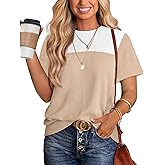 WIHOLL Womens Fashion 2026 Color Block Shirts Short Sleeve Crewneck Knitted Spring Summer Tops Casual Trendy
