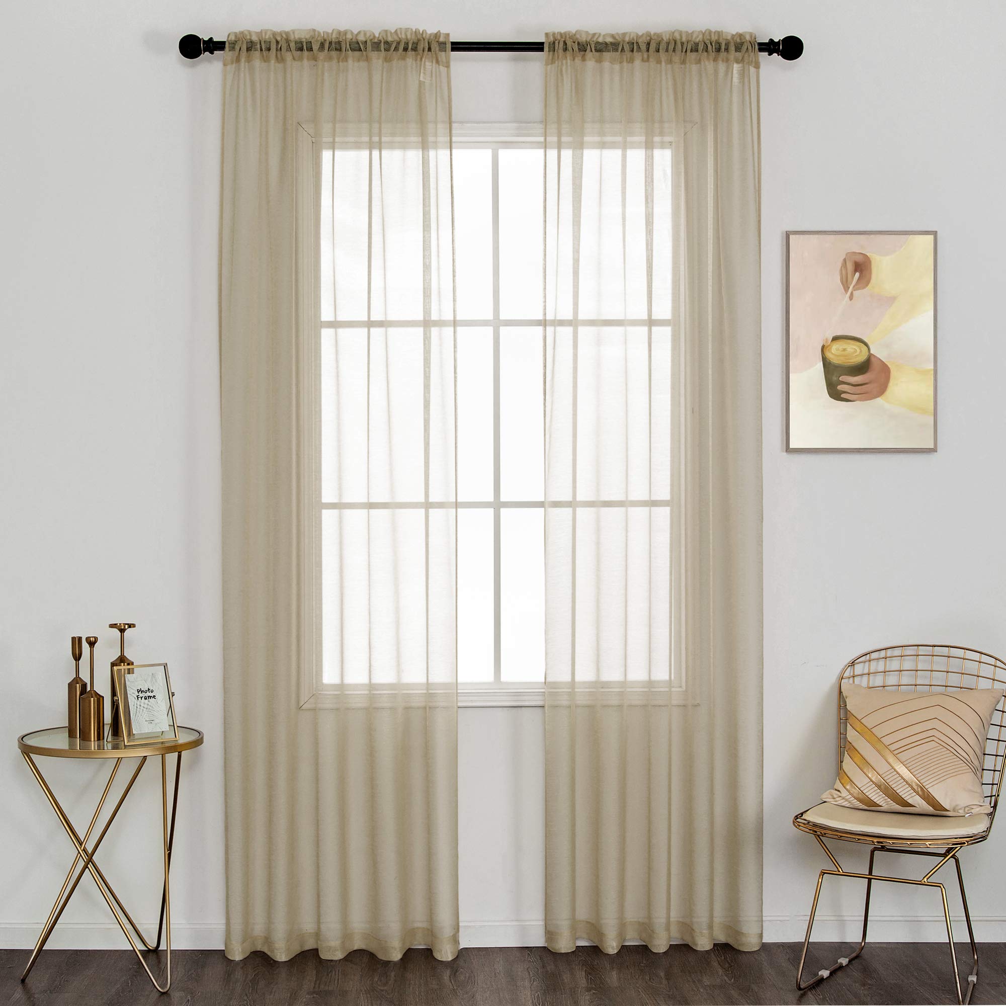 DUALIFE Antique Taupe Brown Sheer Curtains 84 Inch Length Rod Pocket Light Brown Tan Voile Curtain Panels Window Drapes for Living Room and Bedroom Window Treatments 2 Panels 52 x 84 Inch