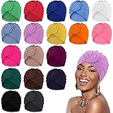 Jeyiour 18 Pcs Women Turban African Pre Tied Bonnet Hairwrap Flower Knot Bonnet Beanie Cap Turban Head Wraps Headband Hat